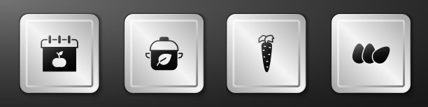 设置世界素食日，素食饮食，胡萝卜和鸡蛋图标。银广场按钮。向量图片下载