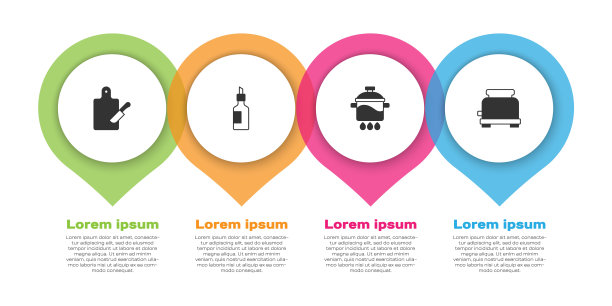 设置菜板和刀，橄榄油，锅和烤面包机。业务信息模板。向量图片下载