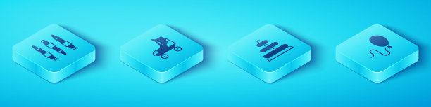 设置等距标记笔，溜冰鞋，气球和金字塔玩具图标。向量图片下载