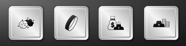 设置金块，戒指，金条袋和硬币图标。银广场按钮。向量图片下载