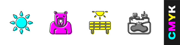 落日、北极熊头、太阳能电池板和失事油轮船的图标。向量图片下载