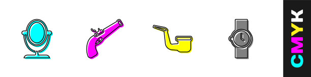 设置圆形化妆镜，古董手枪，烟斗和腕表图标。向量图片下载