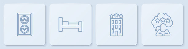 集电梯、酒店建筑、客房床及五星级评级审查。白色正方形按钮。向量图片下载