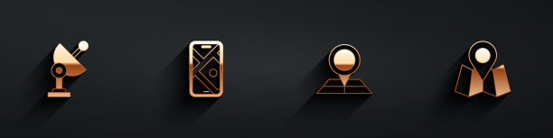 设置雷达，城市地图导航，折叠位置标记和图标与长阴影。向量图片下载