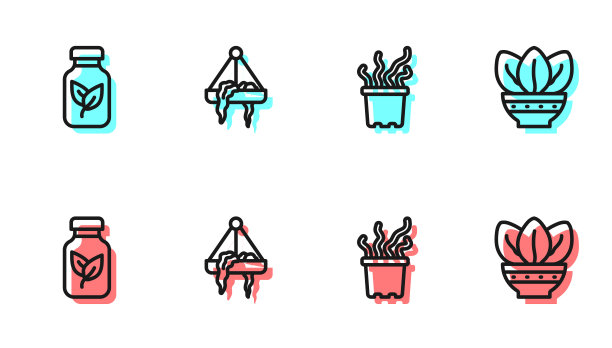 设置线异国热带植物花盆，肥料瓶，植物悬挂和图标。向量图片下载
