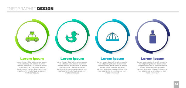集玩具车，橡皮鸭，婴儿帽和奶瓶。业务信息模板。向量图片下载