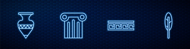 设置线古希腊图案，双耳，柱和羽毛笔。砖墙上闪烁的霓虹灯图标。向量图片下载