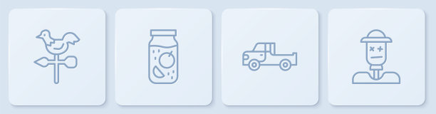 公鸡风向标，小货车，果酱罐和稻草人。白色正方形按钮。向量图片下载