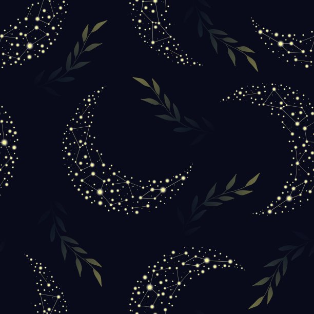 暗天无缝图案。波西米亚魔法背景与空间元素星星，新月，星座和草药。图片下载