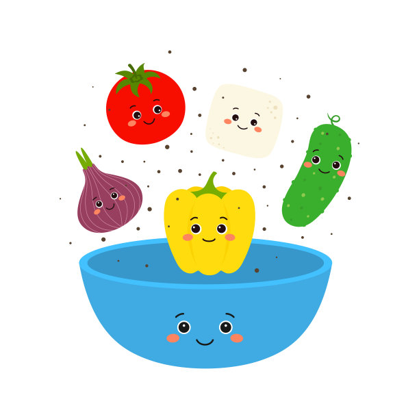 沙拉碗里的卡通蔬菜人物被隔离在白色上图片下载
