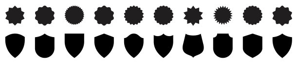 一组矢量防护罩。盾牌图标。护盾剪影收集。出售贴纸。设置星爆图标，太阳爆徽章。矢量图图片下载