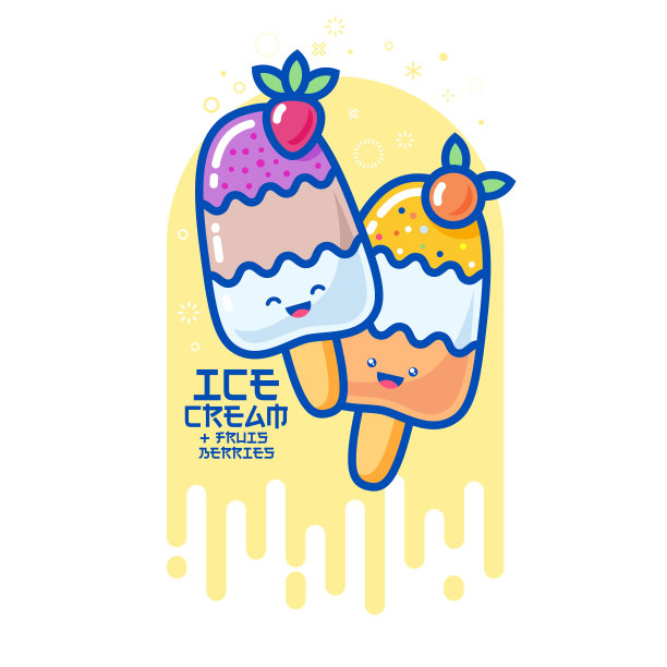 日本风格的可爱表情。冰淇淋插图。浆果装饰的三层冰淇淋棒。图片下载
