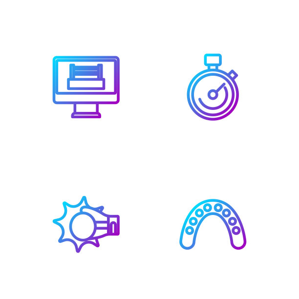 设置线护嘴拳击手，拳击手套，拳击台和秒表。渐变颜色图标。向量图片下载