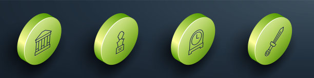 设置等距线博物馆建筑，石膏头雕塑半身像，古董钟和中世纪剑的图标。向量图片下载