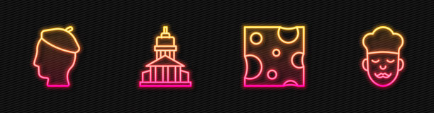 奶酪，法国人，博物馆和厨师。发光的霓虹灯图标。向量图片下载