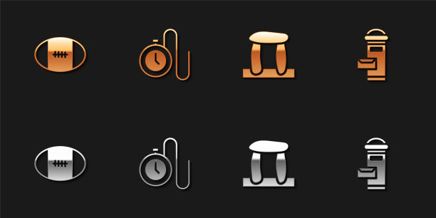 设置橄榄球，手表与链，巨石阵和伦敦邮箱图标。向量图片下载