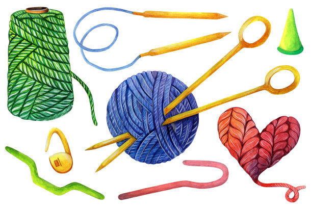 水彩套编织工具。手绘插图孤立在白色背景上。针线活配件-毛线，线团，圆针，针记号笔，顶针。元素的爱好图片下载