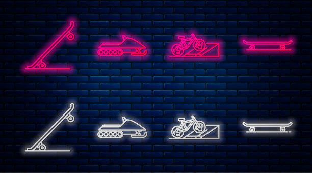 设置线雪地车，自行车在街道坡道，滑板和滑板。砖墙上闪烁的霓虹灯图标。向量图片下载