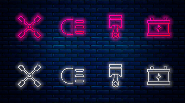 设置远光灯，发动机活塞，车轮扳手，汽车蓄电池。砖墙上闪烁的霓虹灯图标。向量图片下载