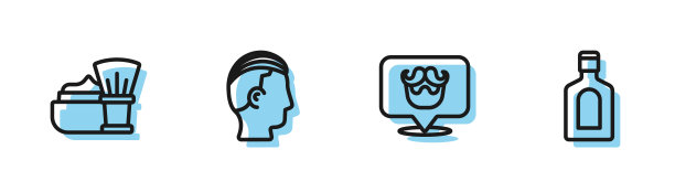 设置线理发店，剃须刷泡沫，男士发型和洗发水图标。向量图片下载