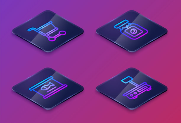 集购物车、鱼罐头、咖啡瓶罐、电子秤为一体。蓝色方块按钮。向量图片下载