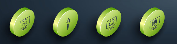 2.5D希腊头盔、火炬火焰、月桂花环和古代柱子图标矢量素材图片下载