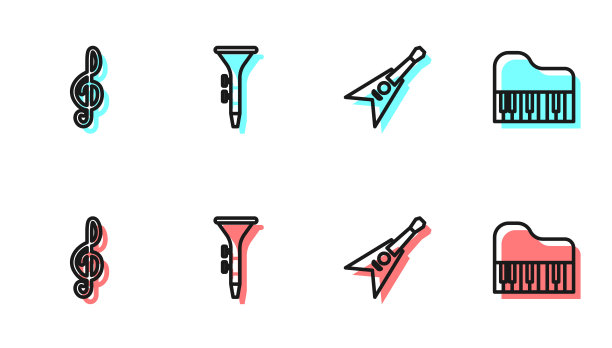 设置线电低音吉他，高音谱号，鼓和鼓槌和大钢琴图标。向量图片下载