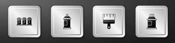 设置喷漆罐，刷子和油漆，水粉，罐子，染料图标。银广场按钮。向量图片下载