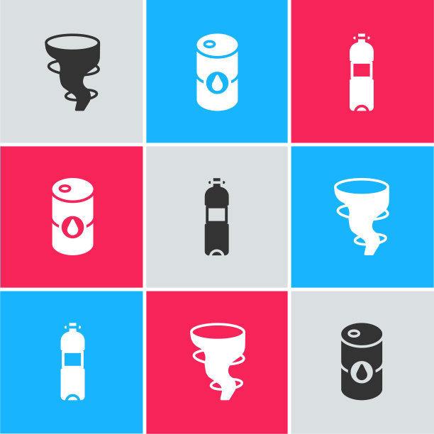 设置龙卷风，桶油和瓶子水图标。向量图片下载