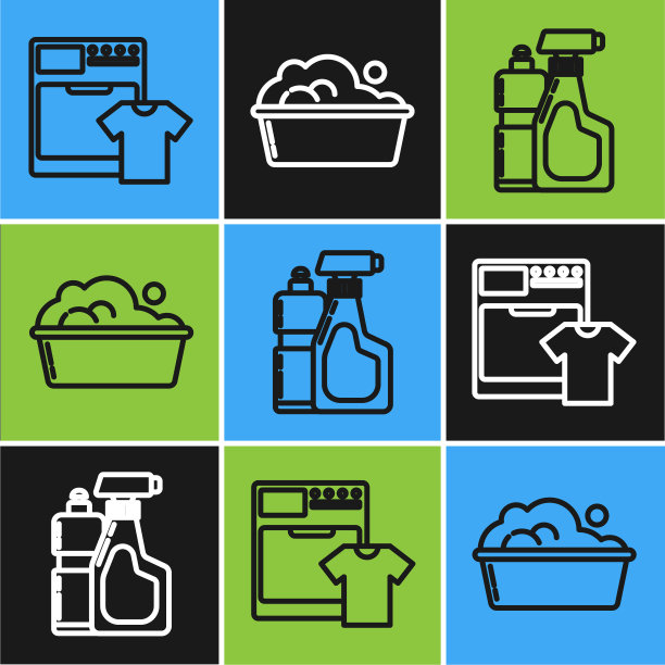 设置线洗衣机和t恤，塑料瓶液体洗碗液和塑料盆肥皂泡沫图标。向量图片下载