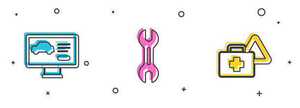 设置汽车诊断条件、扳手、急救箱和三角警告图标。向量图片下载