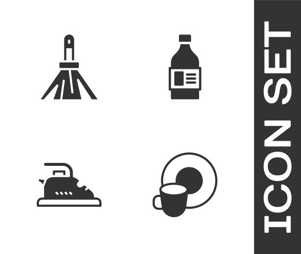 设置洗碗，扫帚，电熨斗和清洁剂的瓶子图标。向量图片下载