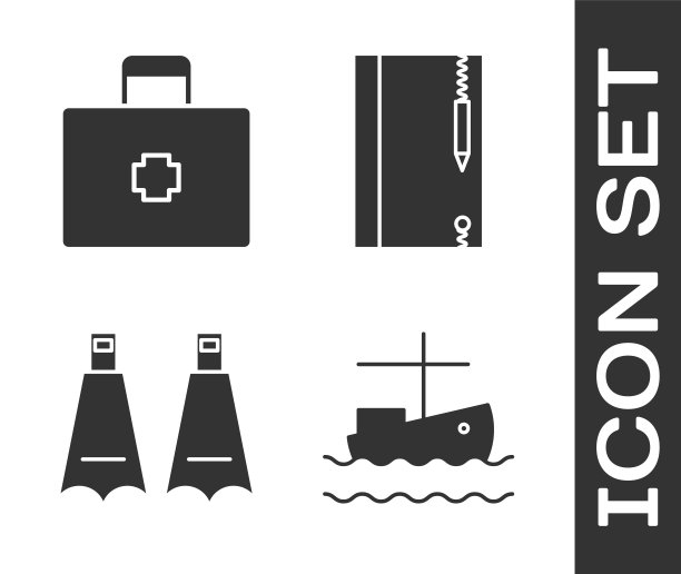 在水上设置渔船，急救箱，游泳的橡胶脚蹼和水下笔记本和铅笔图标。向量图片下载