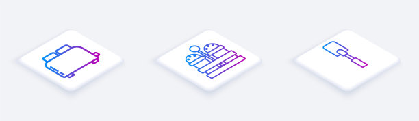 设置等距线烤面包机与吐司，盐和胡椒和刮刀。白色正方形按钮。向量图片下载