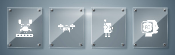 集仿人机器人、机器人、无人机、机械臂工厂于一体。方形玻璃面板。向量图片下载