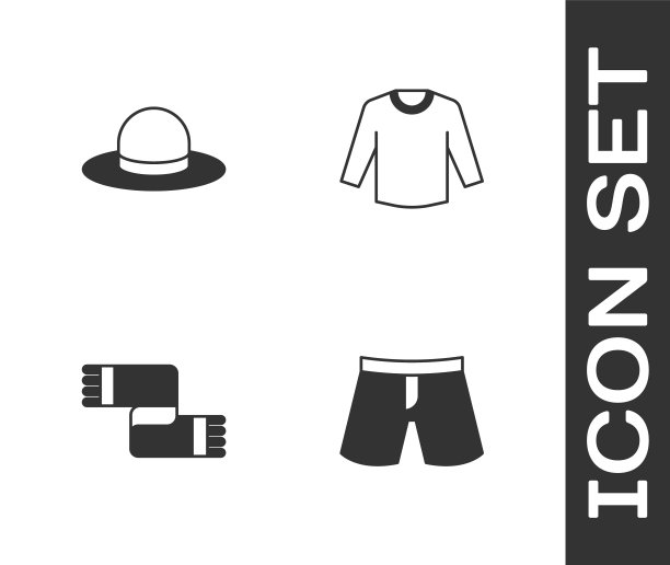 设置短或裤子，男子帽子，冬季围巾和毛衣图标。向量图片下载