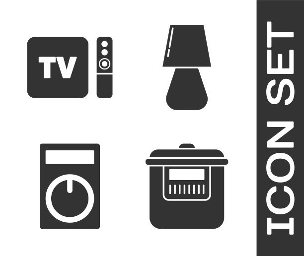 设有慢炖锅、电视盒接收器和播放器，配有遥控器、遥控器和台灯图标。向量图片下载