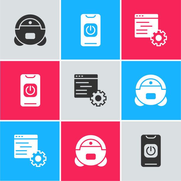 设置“机器人吸尘器”、“手机关闭机器人”和“电脑接口”图标。向量图片下载