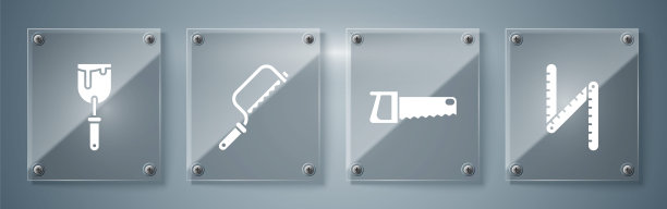 设置折尺，手锯，钢锯和油灰刀。方形玻璃面板。向量图片下载