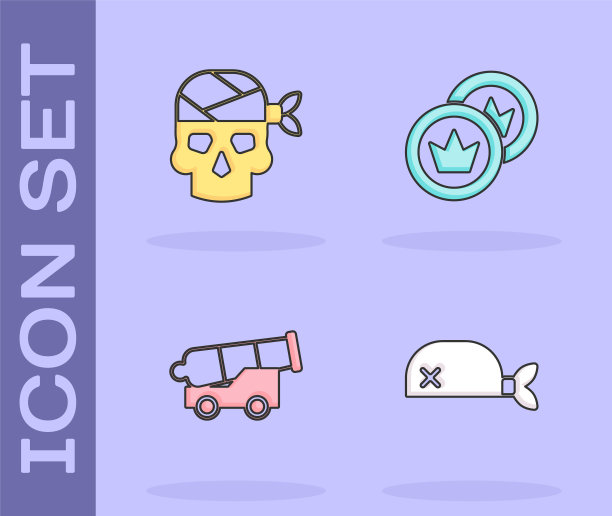 设置海盗大手帕为头，船长，大炮和硬币图标。向量图片下载