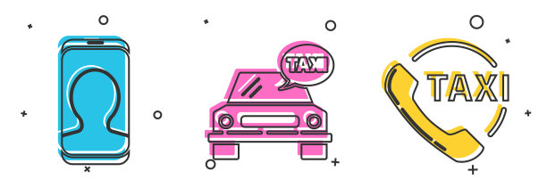 设置出租车呼叫电话服务、出租车和出租车呼叫电话服务图标。向量图片下载