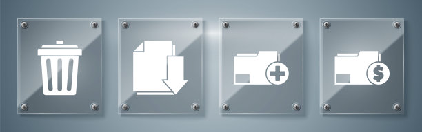设置财务文件文件夹，添加新文件夹，下载文件和垃圾桶。方形玻璃面板。向量图片下载