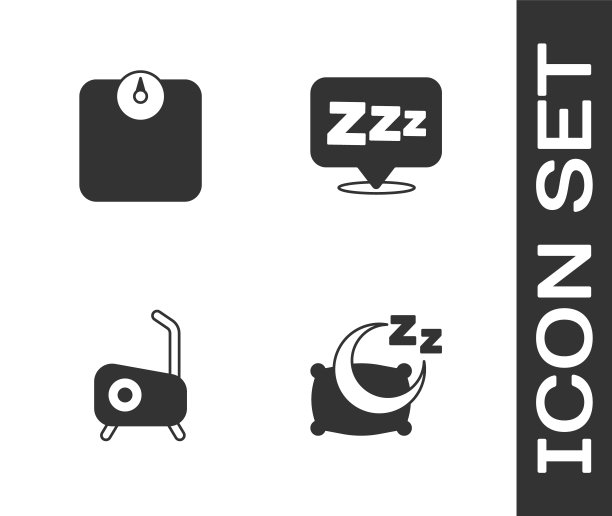 设置睡眠时间，浴室秤，固定自行车和睡眠图标。向量图片下载
