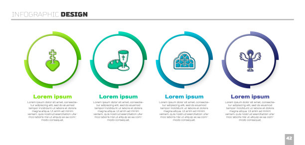 将宗教十字架放在心中，酒杯和面包，彩色玻璃和天使。业务信息模板。向量图片下载