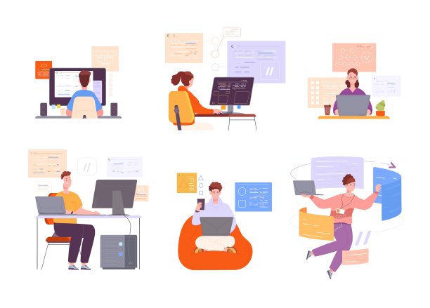 代码工程师工作。编码器编程软件，计算机技术网页开发，笔记本电脑语言程序html java php python，互联网后端，精彩的矢量插图图片下载