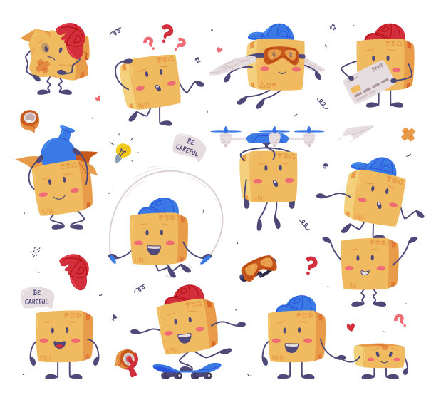 可爱的交付纸板盒字符骑滑板和无人机矢量集携带图片下载