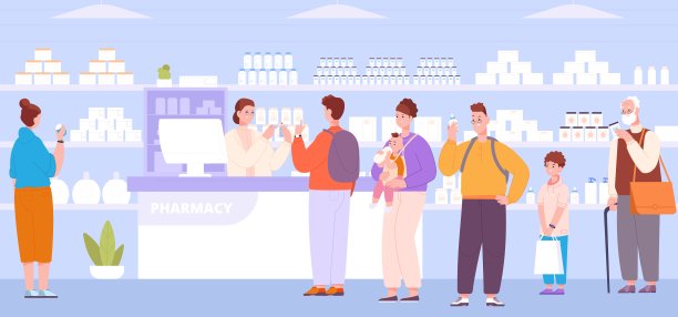 药房里的人。排队的顾客通过柜台药店，卖药师咨询顾客，女人男人在药店货架上买药，精彩的矢量插图图片下载
