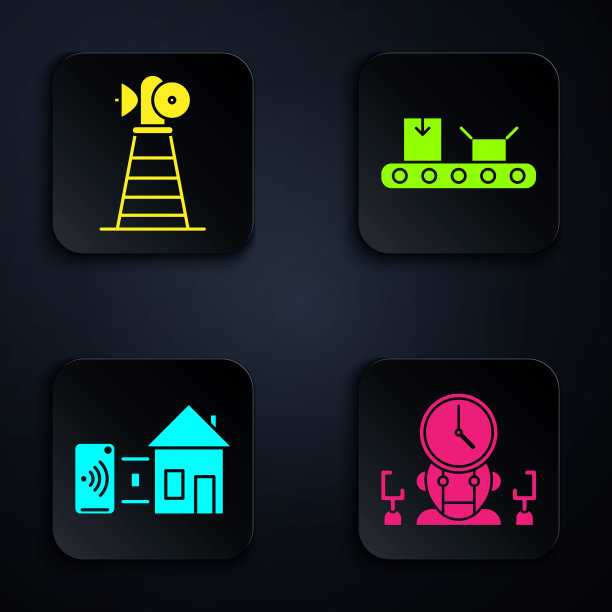 设置机器人和数字时间管理器，天线，智能家居和传送带与纸箱。黑色方形按钮。向量图片下载