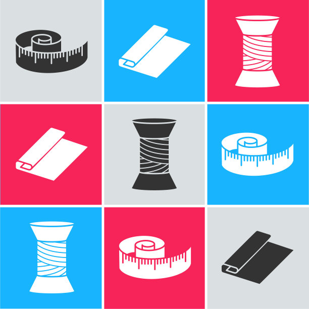 在线轴图标上设置卷尺、纺织织物卷和缝纫线。向量图片下载