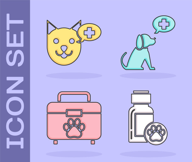 设置狗药瓶，兽医诊所符号，宠物急救箱和兽医诊所符号图标。向量图片下载